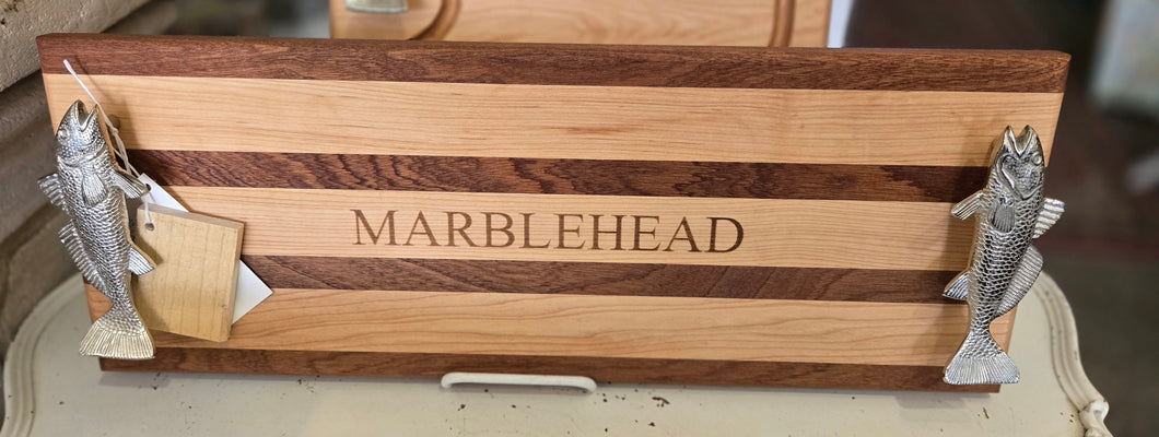 Marblehead Cutting Board with pewter fish handles